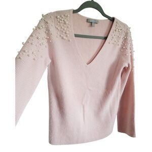 Neiman Marcus Cashmere Collection Pink‎ Pearl Embellished V-Neck Sweater Small